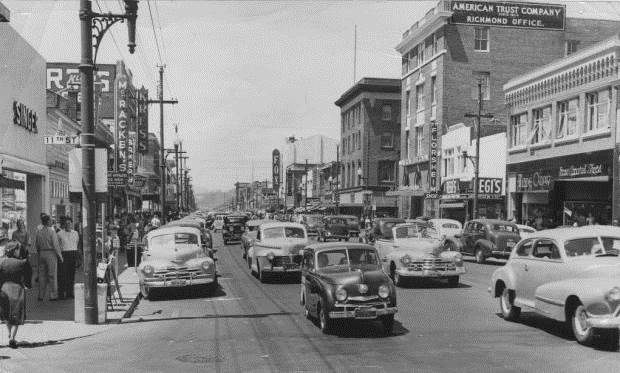 This view of MacDonald Ave on the eve of WWII shows a lively scene of shoppers and businesses at the heart of the Richmond's downtown. (Photo courtesy of Richmond Public Library and the Online Archive of California)
